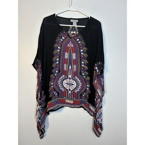 World Market Boho Poncho Top Sz S/M Black Rayon Lightweight Festival